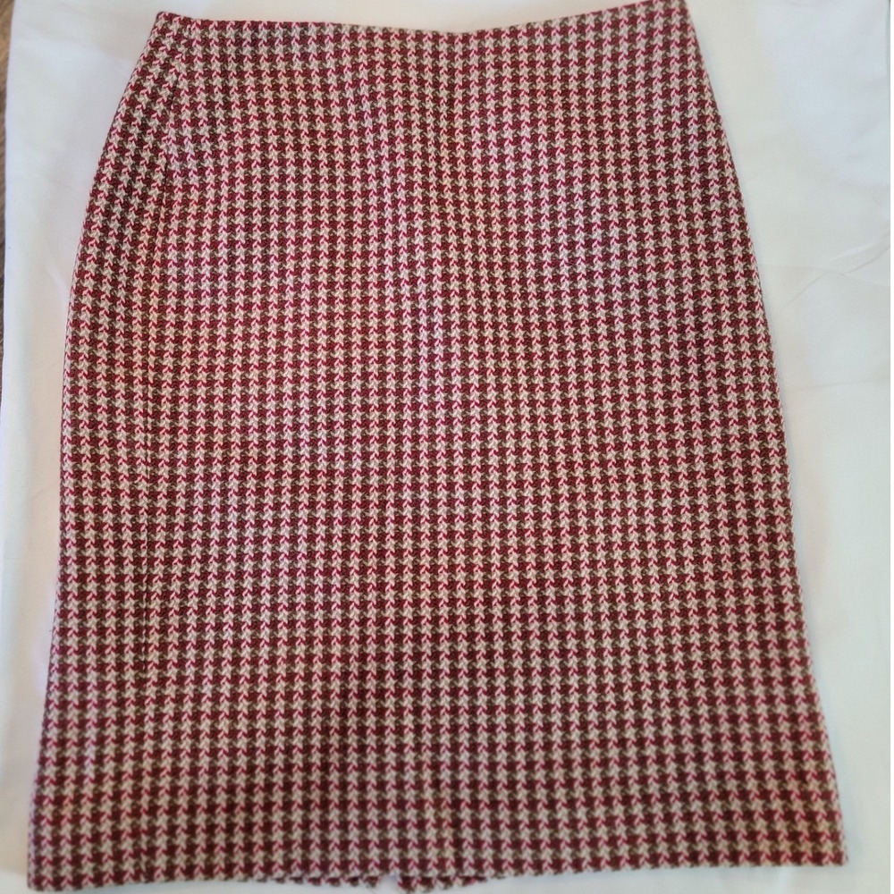 Ann Taylor Loft Petites Red Houndstooth 100% Virgin Wool Pencil Skirt 2P